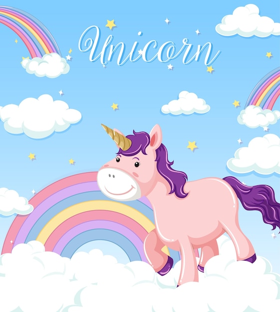 Cute unicorn on blue sky with clouds