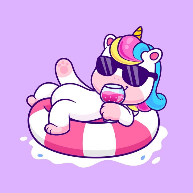 Cute Unicorn Chill On Swimming Tires With Juice Cartoon Vector Icon Illustration Animal Holiday Flat