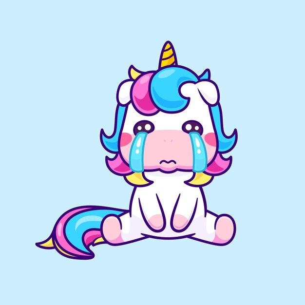 Cute Unicorn Crying Cartoon Vector Icon Illustration. Animal Nature Icon Concept Isolated Premium