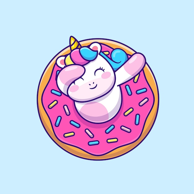 Cute Unicorn Dabbing With Doughnut Cartoon Vector Icon Illustration. Animal Food Icon Concept Isolated Vector. Flat Cartoon Style