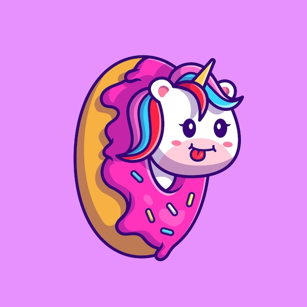 Cute Unicorn Doughnut Cartoon Illustration. Flat Cartoon Style