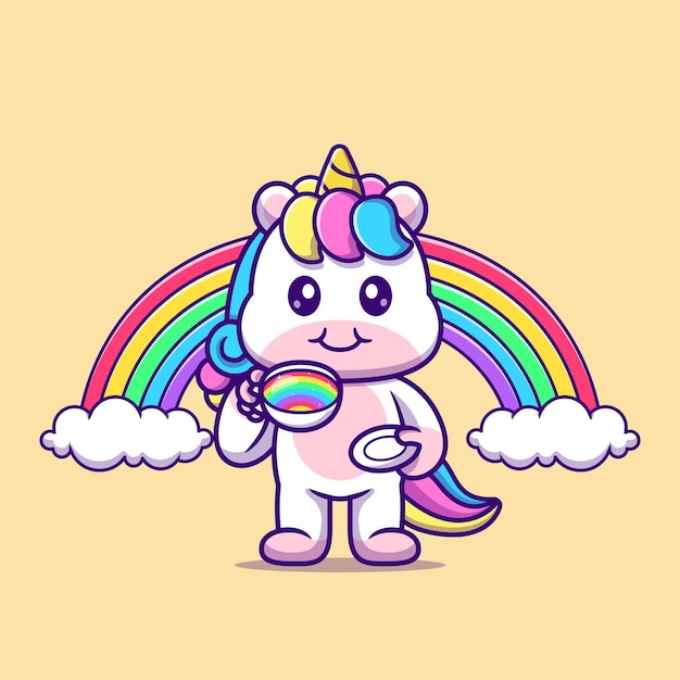 Cute Unicorn Drink Coffee With Rainbow Cartoon Vector Icon Illustration Animal Drink Isolated Flat