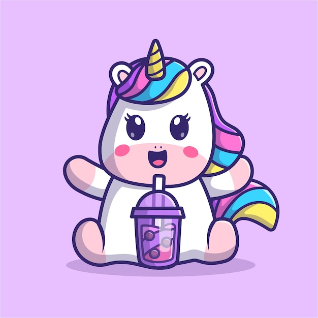 Free Vector cute unicorn drinking boba milk tea cartoon vector icon illustration. animal drink icon isolated