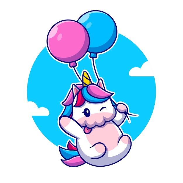 Cute Unicorn Flying With Balloon Cartoon   Icon Illustration. Animal Love Icon Concept Isolated  . Flat Cartoon Style