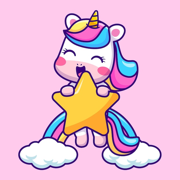 Cute Unicorn Flying With Star And Rainbow Cloud Cartoon Vector Icon Illustration Animal Nature Icon