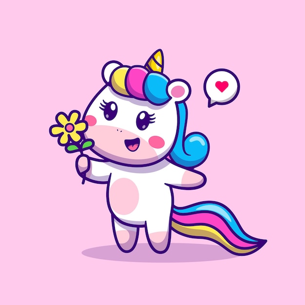 Free vector cute unicorn holding flower cartoon vector icon illustration. animal nature icon concept isolated premium vector. flat cartoon style