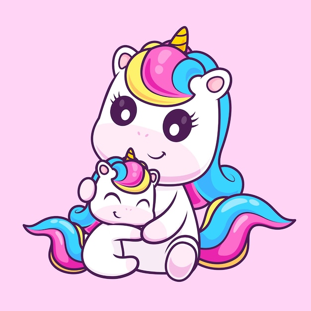 Free Vector cute unicorn hug baby unicorn cartoon vector icon illustration animal nature icon isolated flat