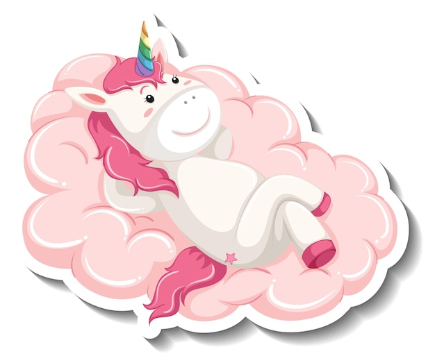 Cute unicorn laying on the cloud on white background