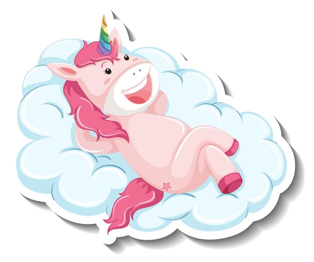 Cute unicorn laying on the cloud on white background