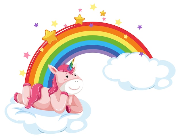 Free Vector cute unicorn lying on cloud with rainbow in cartoon style