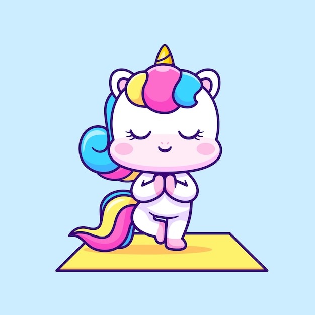 Free vector cute unicorn meditation yoga with namaste hand cartoon vector icon illustration animal sport flat