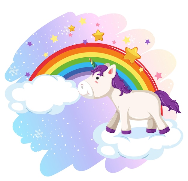 Cute unicorn in the pastel sky with rainbow