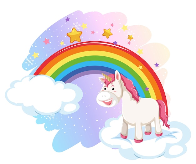 Cute unicorn in the pastel sky with rainbow