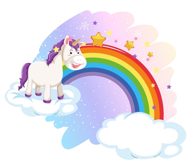 Cute unicorn in the pastel sky with rainbow