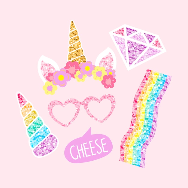 Free Vector cute unicorn photo booth party props 