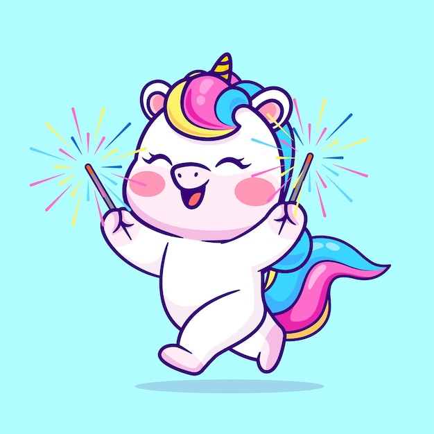 Free vector cute unicorn playing fireworks cartoon vector icon illustration animal holiday isolated flat vector