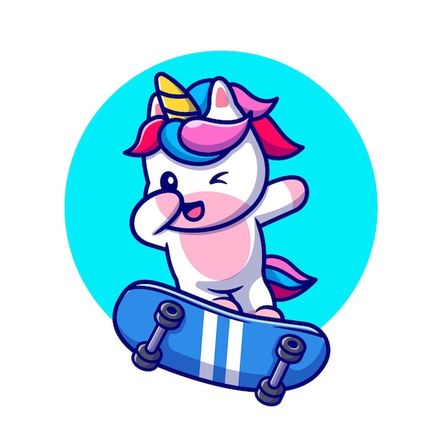 Free Vector cute unicorn playing skateboard and dabbing cartoon illustration.