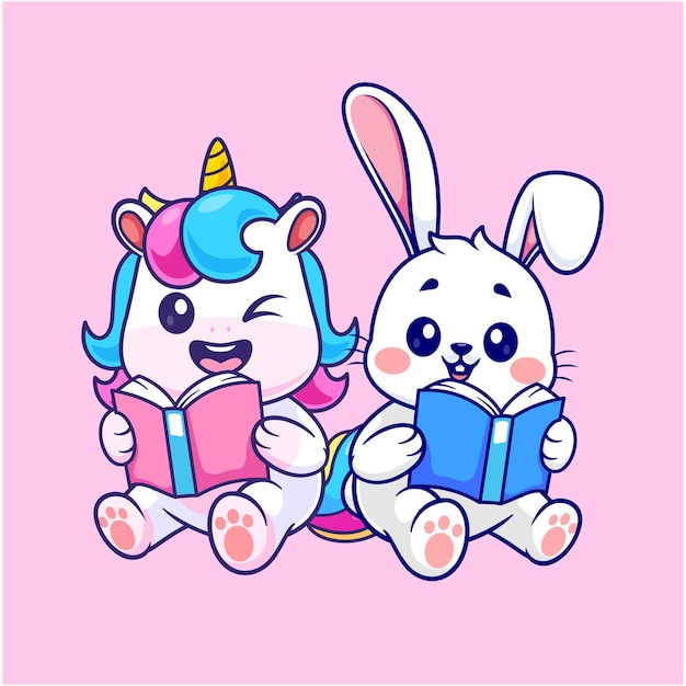 Free Vector cute unicorn and rabbit reading book cartoon vector icon illustration animal education isolated