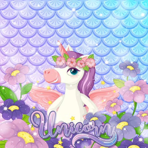 Cute unicorn on rainbow fish scales background