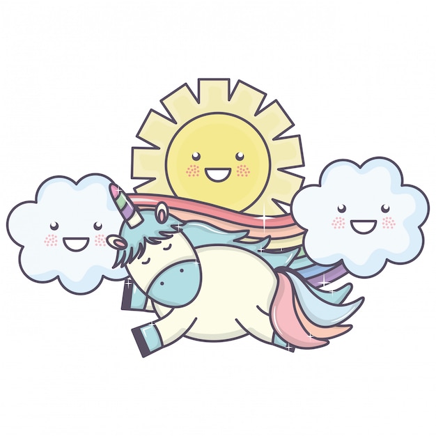 Cute unicorn in rainbow with clouds and sun kawaii characters