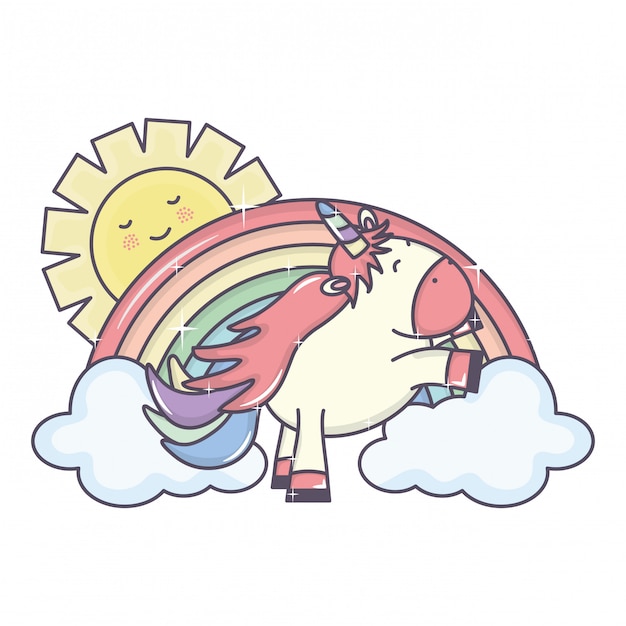 Cute unicorn in rainbow with clouds and sun kawaii characters