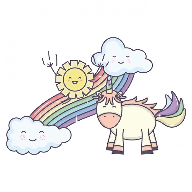 Free Vector cute unicorn in rainbow with clouds and sun kawaii characters