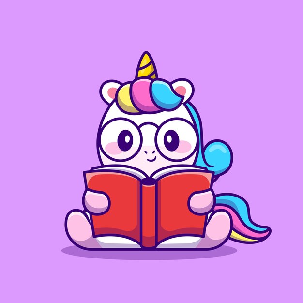 Cute Unicorn Reading Book Cartoon Vector  Illustration. Animal Education  Concept Isolated  Vector. Flat Cartoon Style