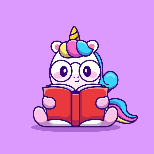 Cute Unicorn Reading Book Cartoon Vector  Illustration. Animal Education  Concept Isolated  Vector. Flat Cartoon Style