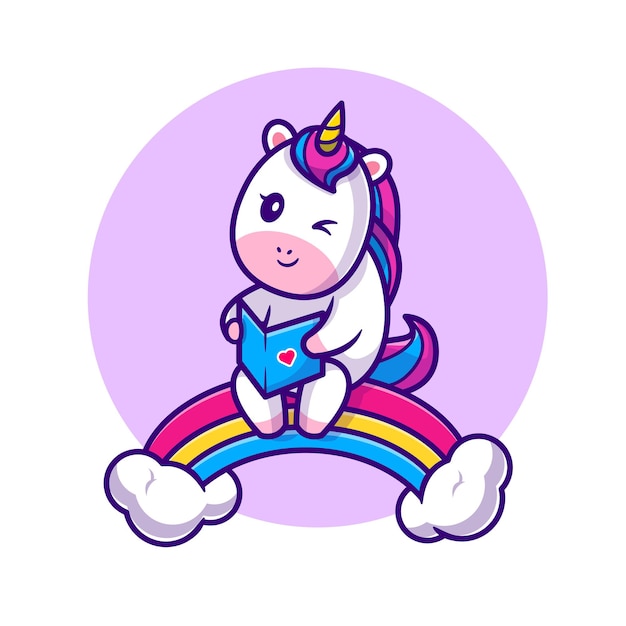 Free Vector cute unicorn reading book on rainbow cartoon icon illustration.