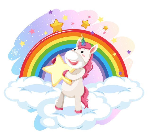 Cute unicorn sitting on a cloud with rainbow