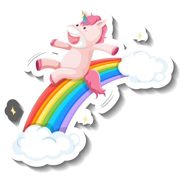 Cute unicorn slide on rainbow cartoon sticker