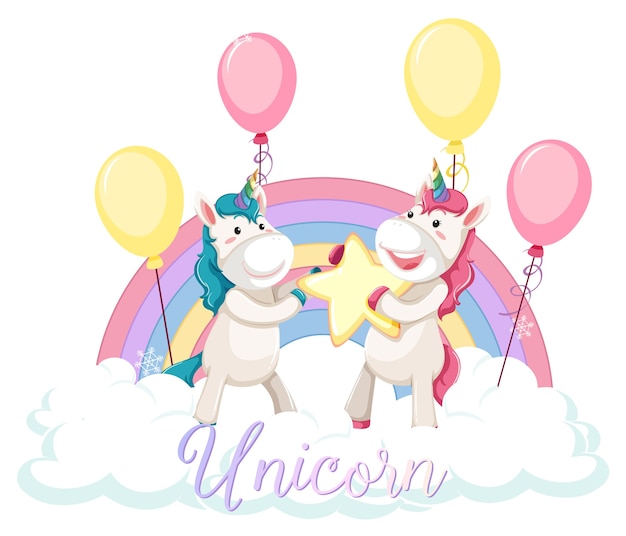 Cute unicorn standing on the cloud with pastel rainbow isolated