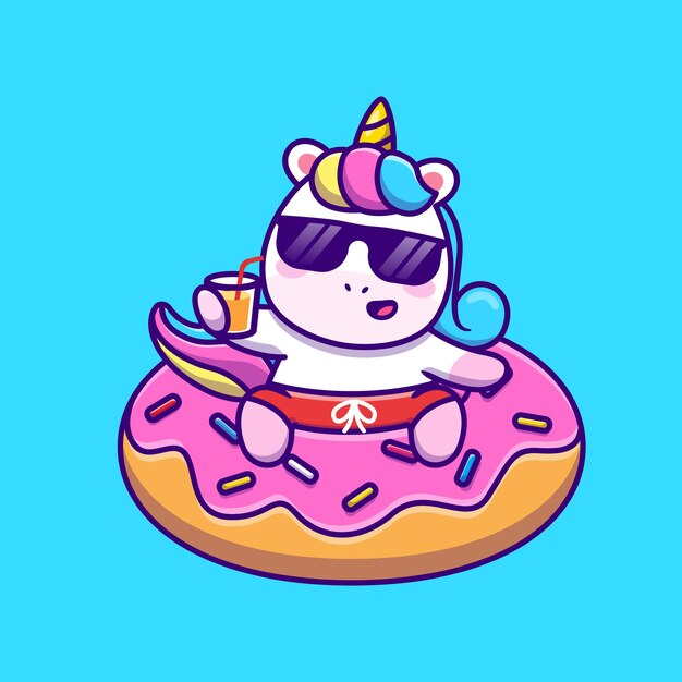 Cute Unicorn Swimming With Donut Balloon And Holding Juice Cartoon Vector  Illustration. Animal Holiday  Concept Isolated  Vector. Flat Cartoon Style