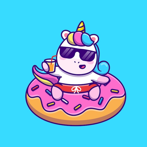 Cute Unicorn Swimming With Donut Balloon And Holding Juice Cartoon Vector  Illustration. Animal Holiday  Concept Isolated  Vector. Flat Cartoon Style