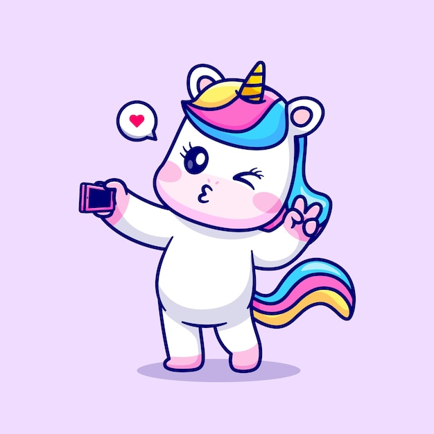 Free Vector cute unicorn taking selfie with phone cartoon vector icon illustration. animal technology isolated