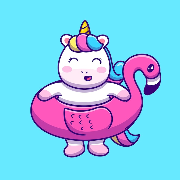 Cute Unicorn Wearing Flamingo Swimming Tires Cartoon Icon Illustration.