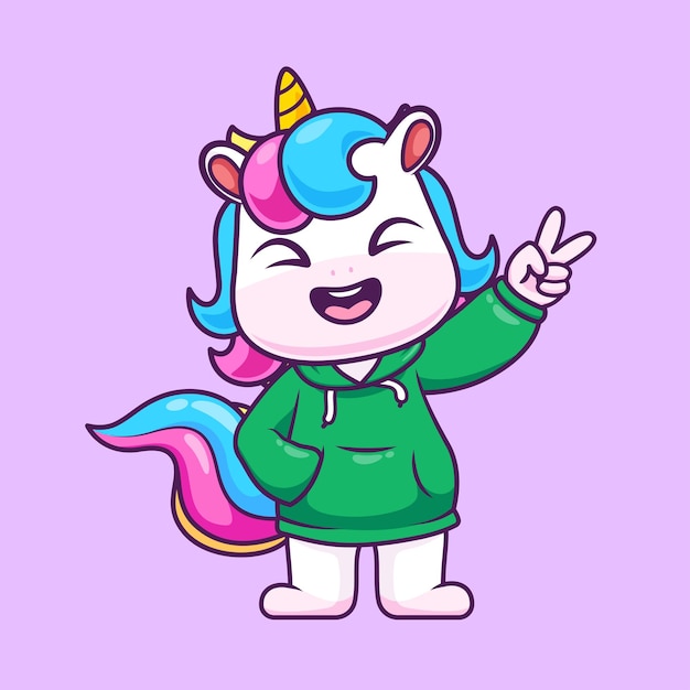 Free Vector cute unicorn wearing hoodie jacket cartoon vector icon illustration animal fashion icon isolated