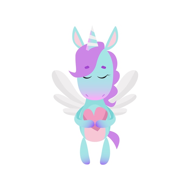 Cute unicorn with closed eyes holding heart