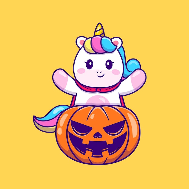 Free Vector cute unicorn with halloween pumpkin cartoon