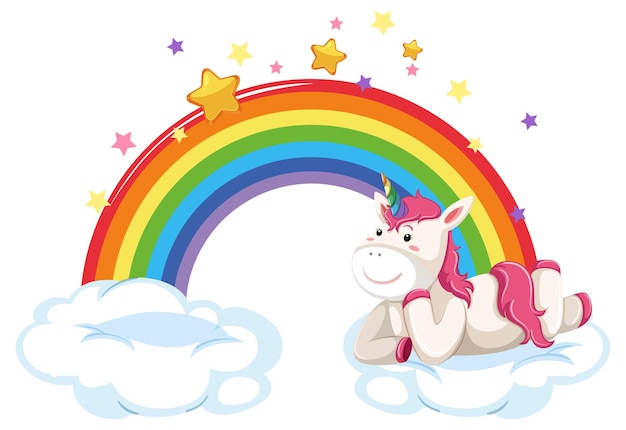 Free vector cute unicorns lying on a cloud with rainbow