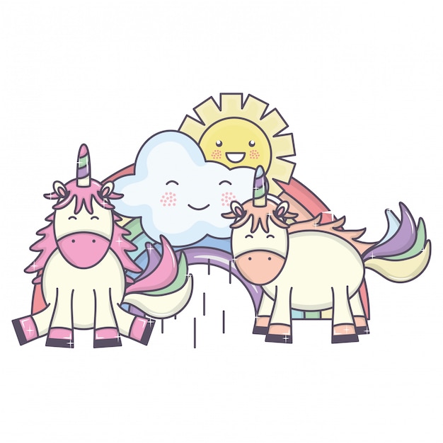 Cute unicorns in rainbow with clouds and sun kawaii characters