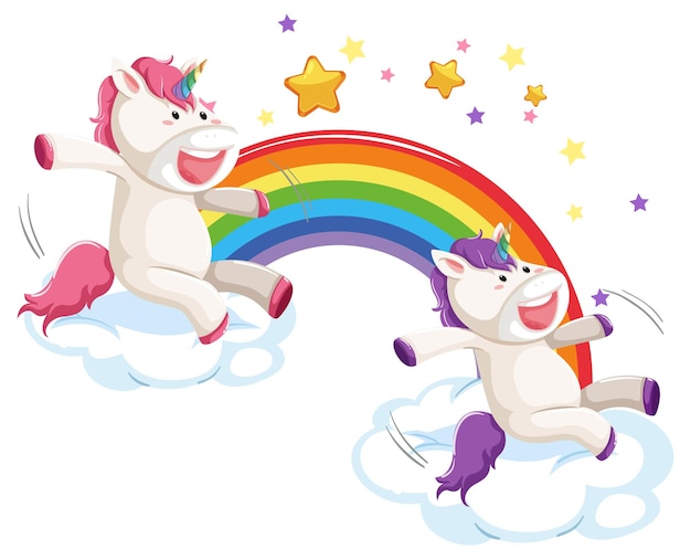 Free Vector cute unicorns sitting on a cloud with rainbow