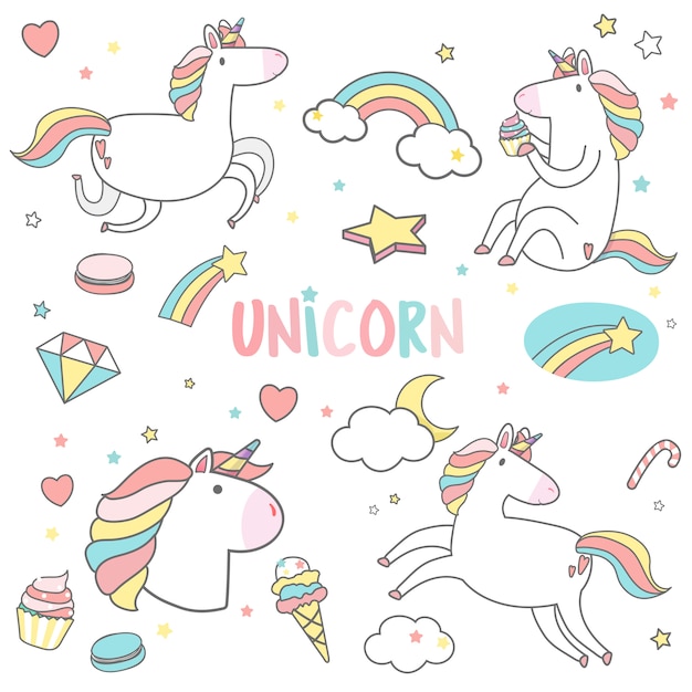 Cute unicorns with magic element stickers vector