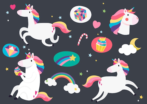 Cute unicorns with magic element stickers vector