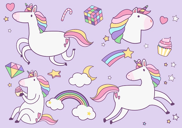 Free Vector cute unicorns with magic element stickers vector