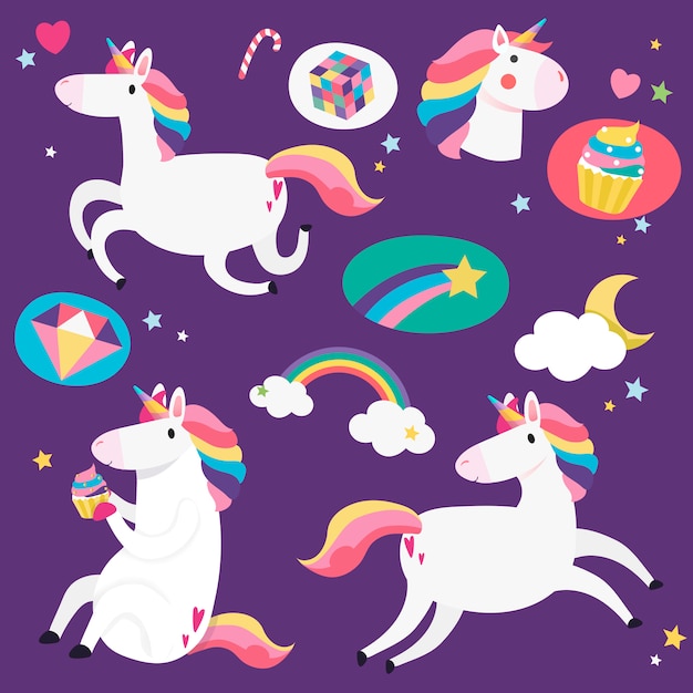 Cute unicorns with magical elements vector