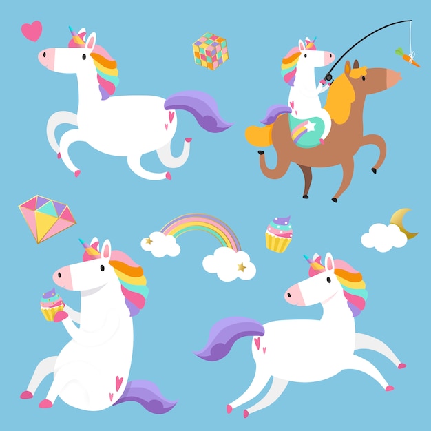 Cute unicorns with magical elements vector