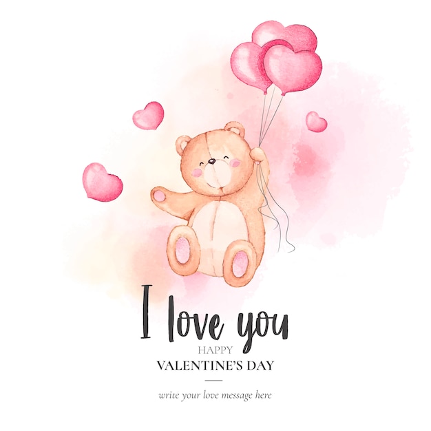 Cute Valentine's Day Background with Watercolor Teddy Bear