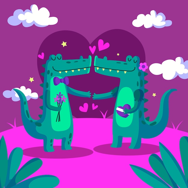 Free Vector cute valentine's day crocodile couple