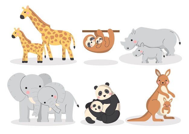 Free vector cute of various animal family with giraffe sloth rhinoceros elephant panda and kangaroo hand drawing in cartoon characters on mother's day concept on white background vector illustration